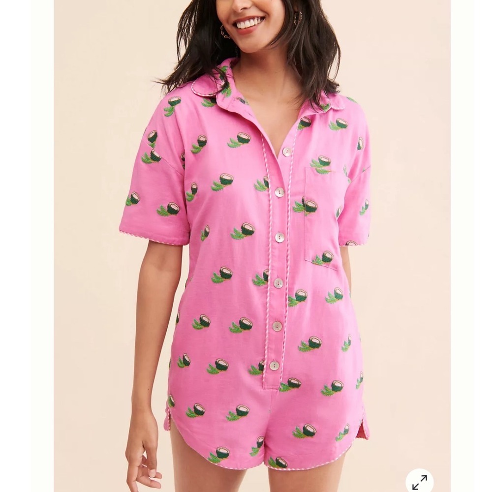 Farm Rio Embroidered Cross Stitch Coconut Linen Blend Romper Short Size Medium